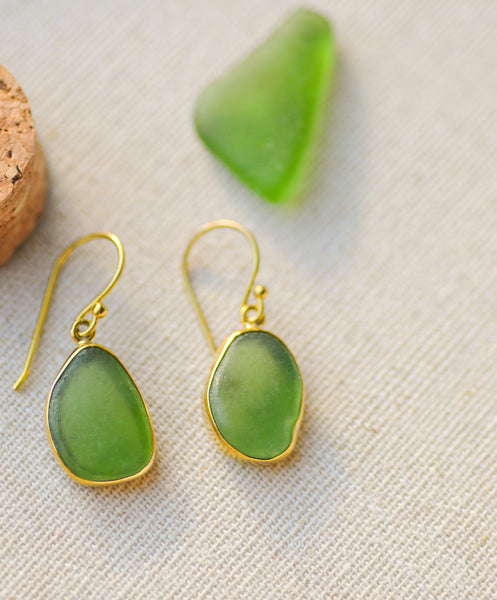 Green Sea Glass Earrings – Nickel-Free Brass